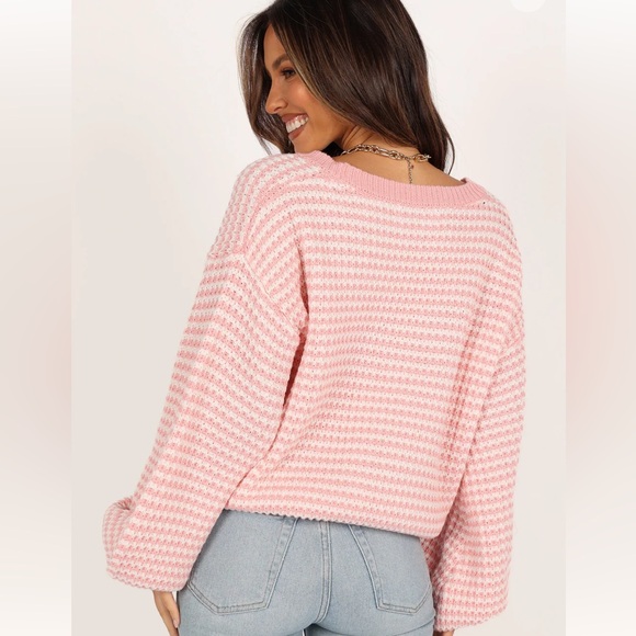 Petal & Pup Pink Striped Off-Shoulder Sweater - Picture 2 of 8